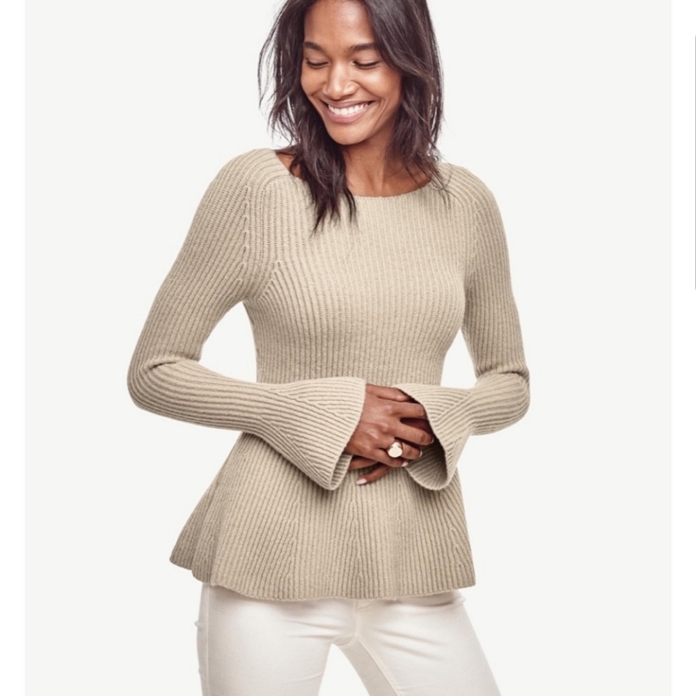 Ann Taylor Ribbed Tan Peplum Sweater Bell Sleeves